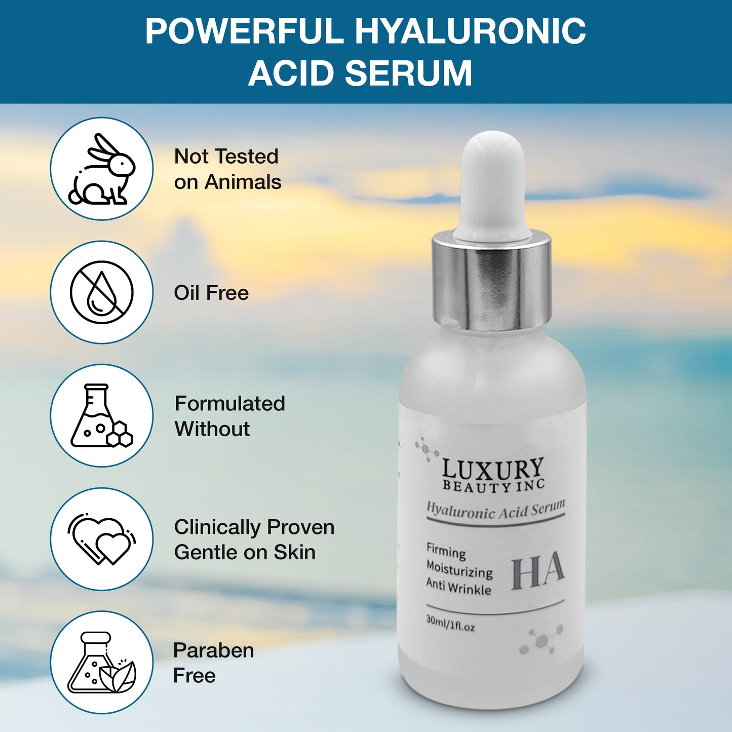 Luxury Beauty Inc Hyaluronic Acid Anti-Aging Face Serum Moisturizer - Firming, Tightening, Anti-Wrinkle Skin Care for Dark Spot Correcting, Age Spots Repairing and Deep Hydration.