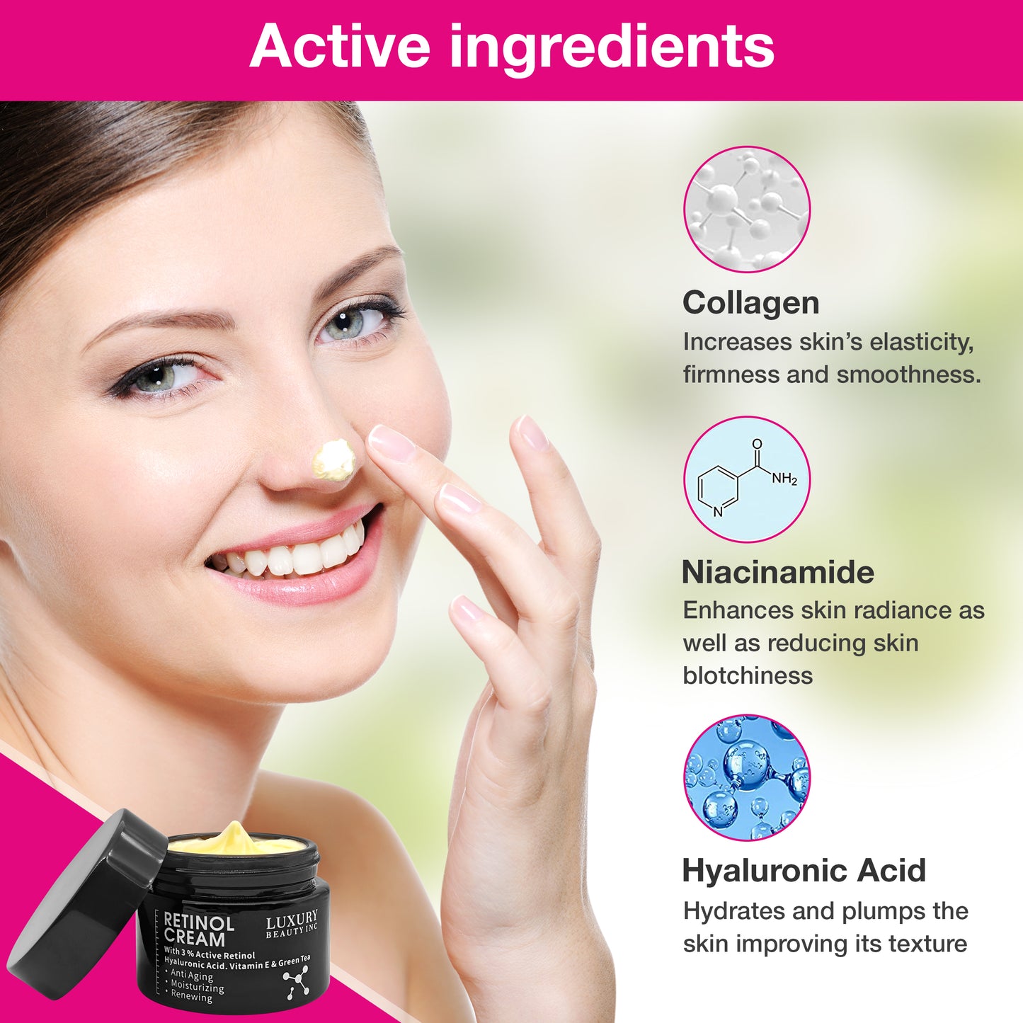 Luxury Beauty Inc Retinol Cream 3% Active Retinol Hyaluronic Acid Vitamin E Green Tea Anti-Aging Moisturizing Renewing Skincare Collagen Vitamin C Face Cream for Dark Spots, Repair Skin & Anti-Aging