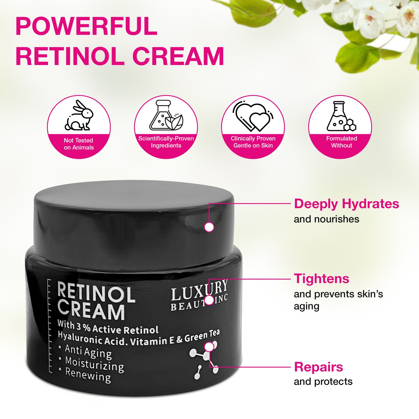 Luxury Beauty Inc Retinol Cream 3% Active Retinol Hyaluronic Acid Vitamin E Green Tea Anti-Aging Moisturizing Renewing Skincare Collagen Vitamin C Face Cream for Dark Spots, Repair Skin & Anti-Aging