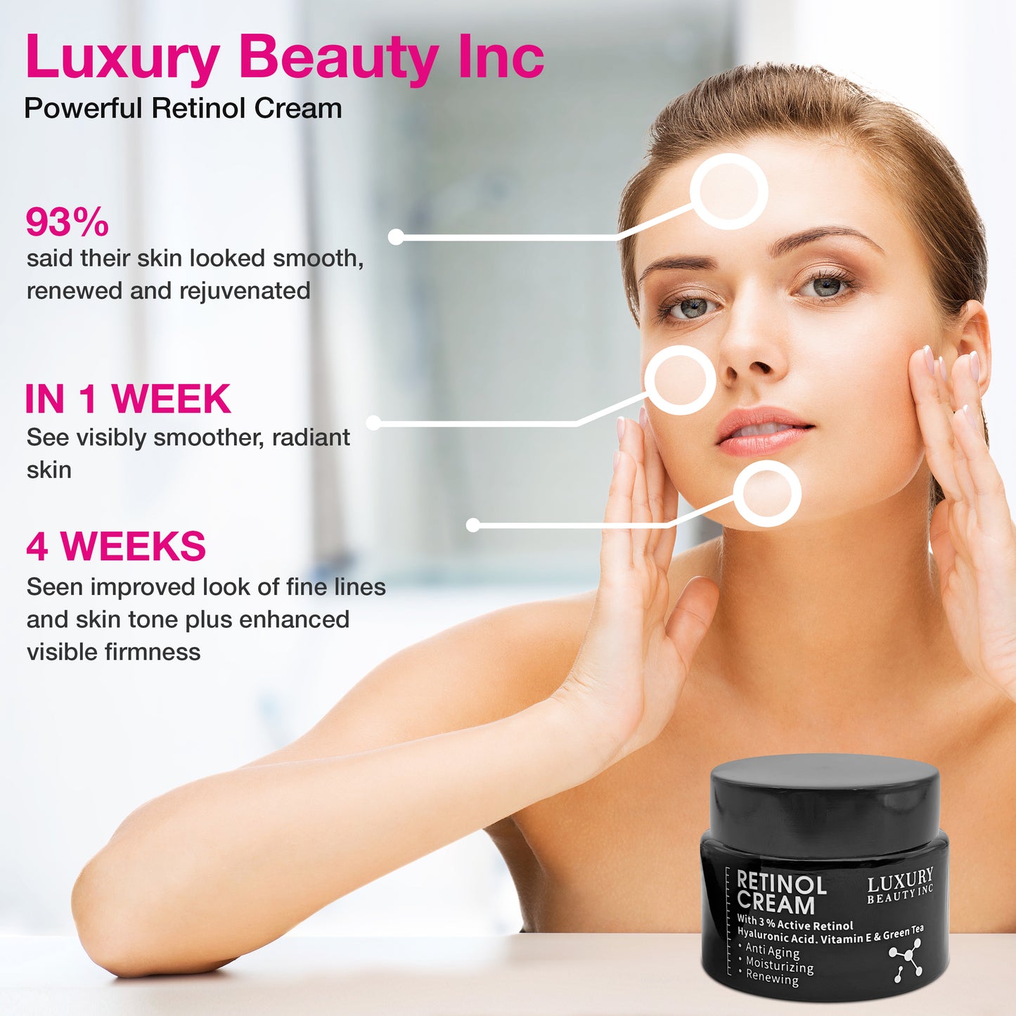 Luxury Beauty Inc Retinol Cream 3% Active Retinol Hyaluronic Acid Vitamin E Green Tea Anti-Aging Moisturizing Renewing Skincare Collagen Vitamin C Face Cream for Dark Spots, Repair Skin & Anti-Aging